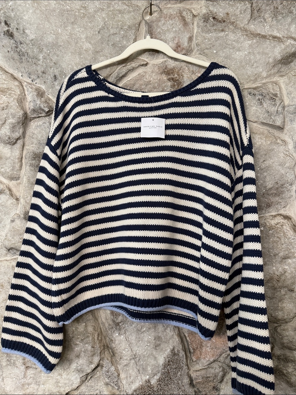 American Eagle Outfitters Navy and Cream Striped Off-the-Shoulder Sweater